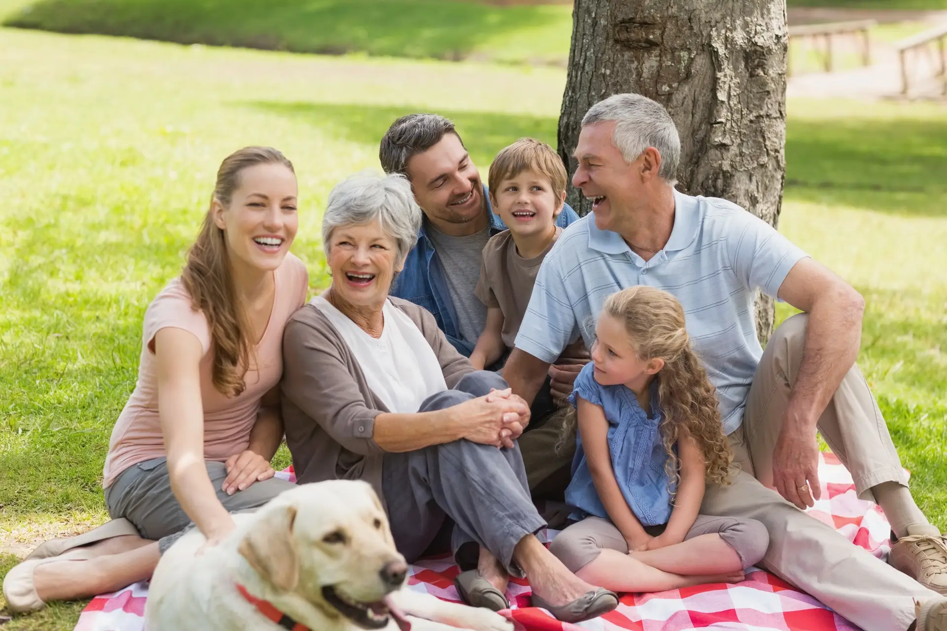 Familia extendida con su perro mascota en el parque